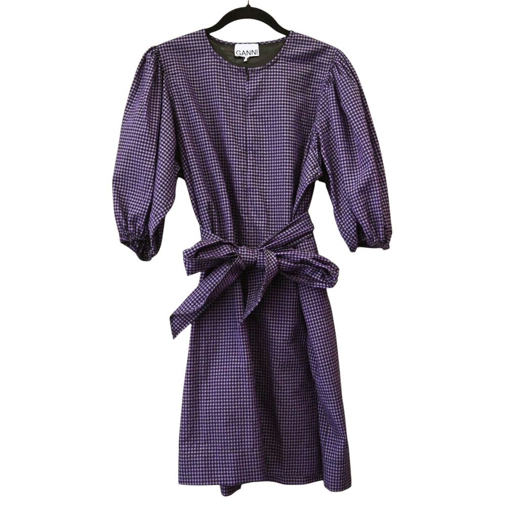 Ganni Purple Black Seersucker Gingham Mini Dress Size 38 Approx US 6